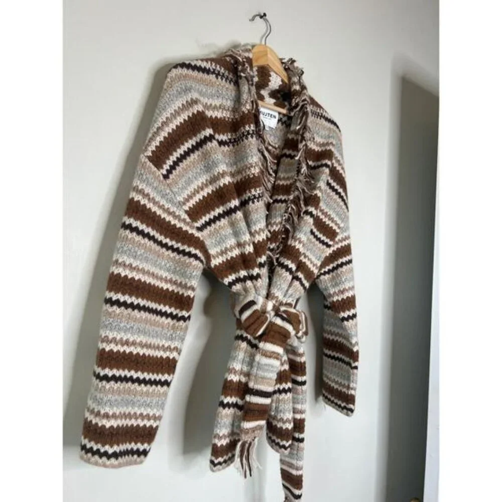 NEW Kujten Paris Zaina Cashmere Belted Waist Long Sleeve Jacket Brown Size: 1 - Picture 3 of 7